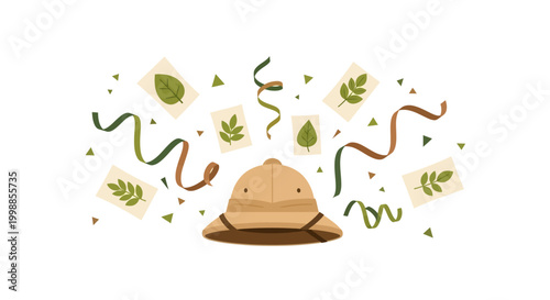 Pith Helmet Surrounded by Confetti and Botanical Prints