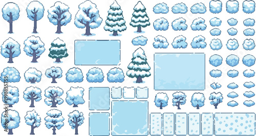 Pixel art winter game assets, snowy trees and frozen bushes collection, 2D game environment sprites, blue ice blocks and snow covered forest elements