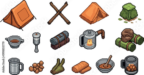 Isometric camping equipment icons set, pixel art outdoor survival gear collection, orange tent and forest hiking tools vector illustrations