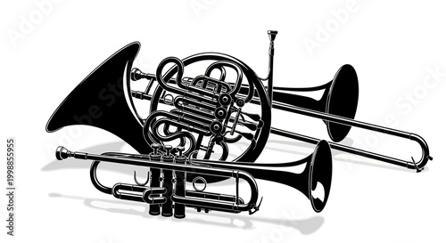 Brass Musical Instruments Silhouette: French Horn, Trombone, Trumpet