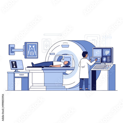 Medical MRI Scan Procedure with Doctor Operating Machine and Patient Lying Down