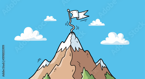 Hand-drawn mountain peak with flag, success and achievement concept vector, snowy mountain top under blue sky with clouds, goal accomplishment illustration