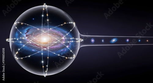 Universe in a Bottle: A mesmerizing visual exploration of the cosmos, encapsulating a galaxy within a glass sphere, representing the vastness and intricacy of the universe.