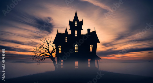 Haunted gothic castle at sunset over water with bare tree illustration