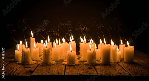 Many lit candles arranged in rows on a dark surface illustration
