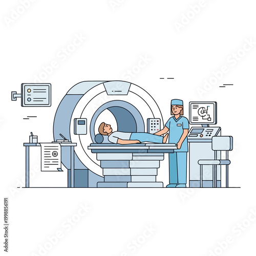 Medical scan, patient on MRI machine with technician, hospital diagnostic equipment