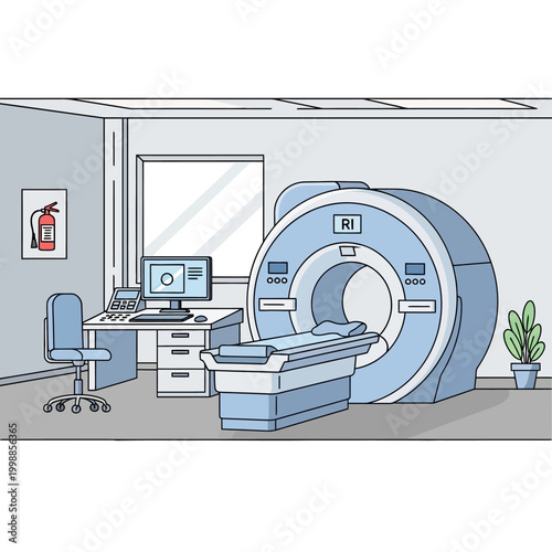 Modern MRI scan room with advanced medical equipment and computer setup