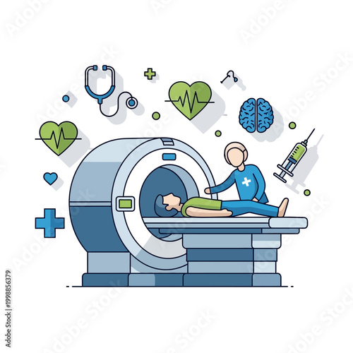 MRI Scan: Doctor & Patient in Advanced Medical Imaging Machine with Health Icons