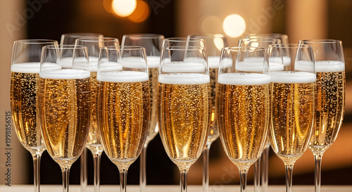 Champagne flutes filled with bubbly sparkling wine on a table illustration
