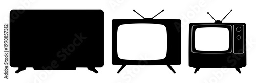 Television set with black silhouette against white background featuring electronics, home entertainment, classic TV with devices and media