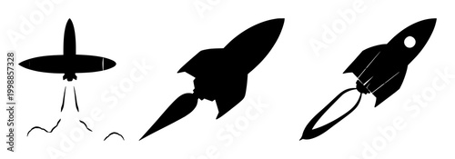 Rocket ship set with black silhouette on white background featuring space, launch, and futurism with black and white and vector illustration