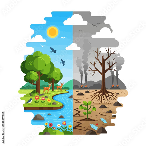 Split image: nature vs pollution, clean environment contrast with industrial disaster