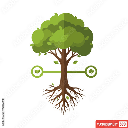 Stylized Tree with Roots and Leaves Icons, Symbolizing Growth and Nature