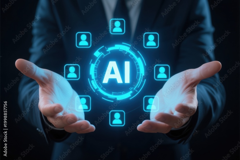 Obraz premium AI productivity marketing business people working insights concept with hands and digital icons glowing in dark