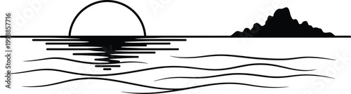 Black and white of a sun setting over wavy water with a mountain silhouette sunset ocean