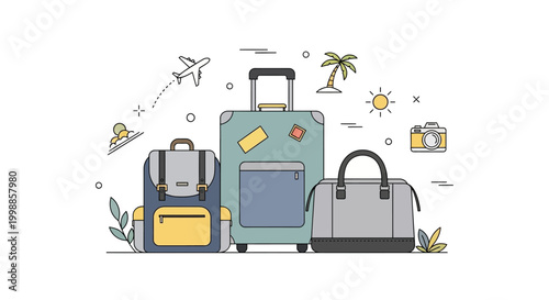 Travel Luggage Collection: Suitcase, Backpack, Duffel Bag, Airplane, Palm Tree, Sun