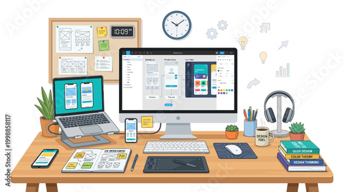 Flat vector illustration of UI-UX design workspace with devices on desk