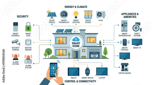 Smart home system illustration with various appliances and security features