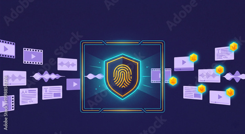 Digital content provenance and ai watermarking flat illustration featuring verified human media authentication and secure cryptographic metadata technology