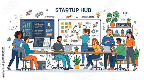 Startup team collaborates on tech project at modern office workspace with people