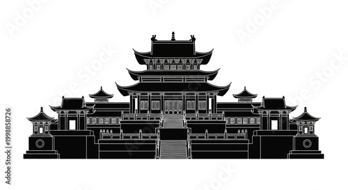 Chinese Temple Silhouette with Traditional Pagoda Architecture