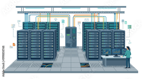 Large server data center with engineer working on computer terminal nearby
