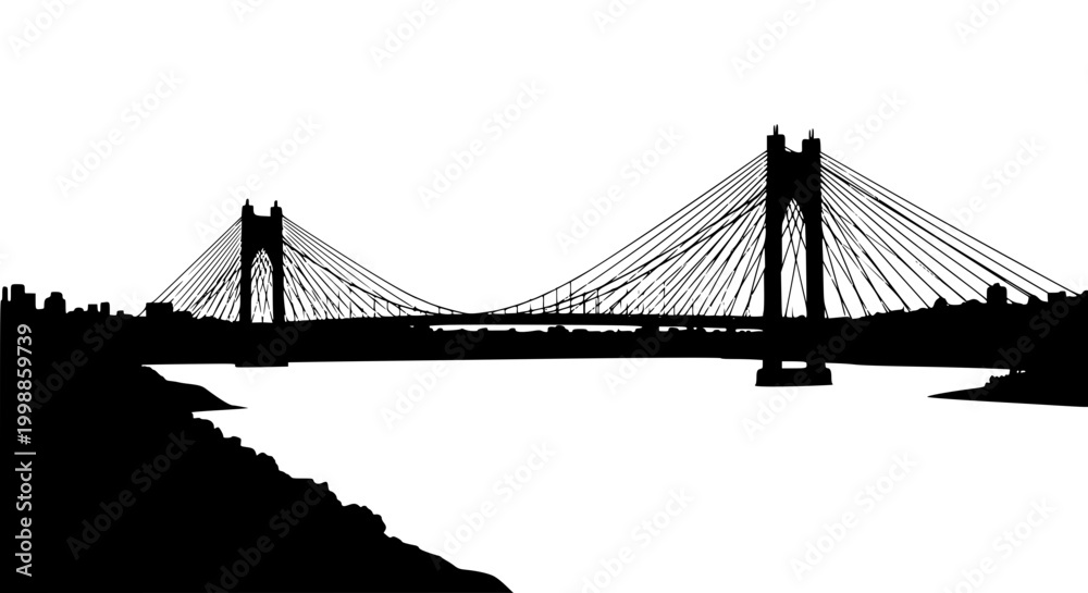 Obraz premium Black and White Silhouette of a Large Suspension Bridge over Water