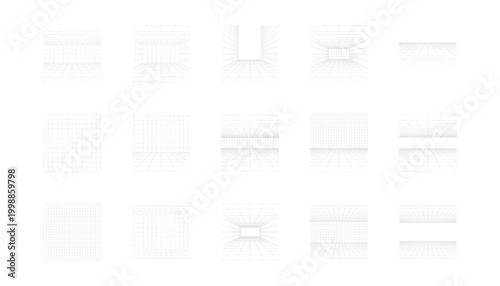 Set of perspective grid wireframe linear vector backgrounds with vanishing points.