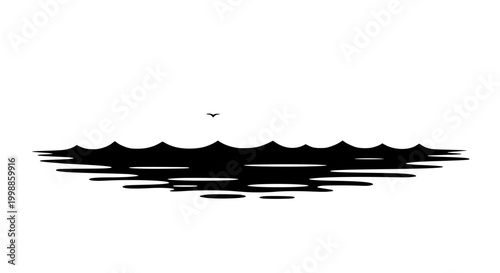 Minimalist Black and White Ocean Waves Illustration with Flying Bird