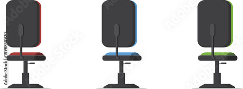 Back view of three colorful office chairs with dark grey frames and adjustable features.