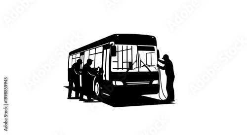 Silhouette Illustration of Maintenance Crew Cleaning a City Bus