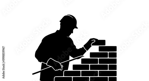 Silhouette of a Construction Worker Building a Brick Wall