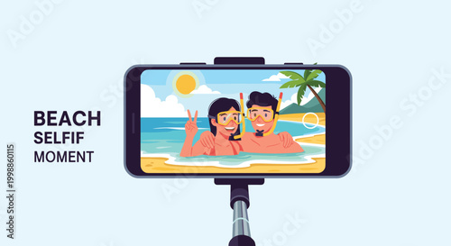 Couple enjoying a beach vacation taking a selfie with snorkeling gear and a selfie stick in front of the blue ocean.