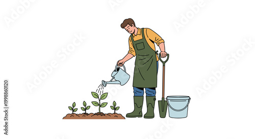Male gardener wearing an apron and green boots watering young green plants in the soil with a light blue watering can.