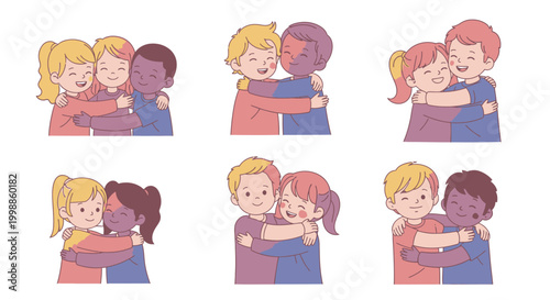 Diverse children hugging each other tightly.