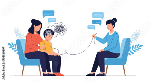Mental health professional working with a mother and child to help them organize and understand complex thoughts.