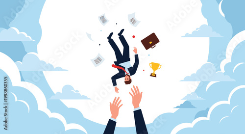 Surreal concept of business failure and rescue showing a falling man being caught by giant hands in the clouds.