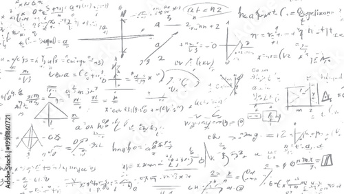 Educational math symbols and equations illustration. Handwritten algebra and geometry formulas background. 