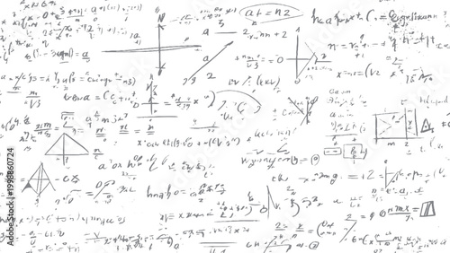 Educational math symbols and equations illustration. Handwritten algebra and geometry formulas background. 