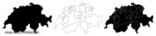 Switzerland map isolated on white background. Switzerland country map. High detailed. Switzerland political map. Switzerland map silhouette linear and black illustration. Black and white. Vector 