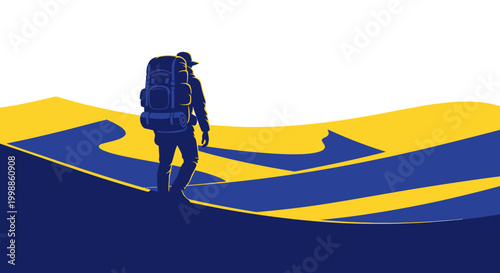 Backpacking through stylized desert dunes at sunset, adventure and exploration concept