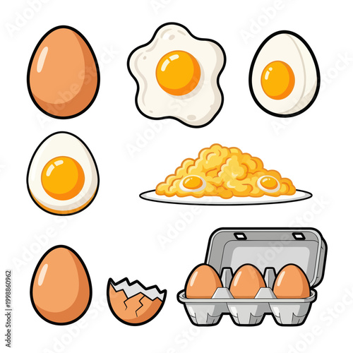 Collection of cartoon eggs: whole, boiled, fried, scrambled, and in carton.