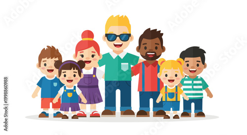 Diverse Group of Happy Cartoon Children with an Adult