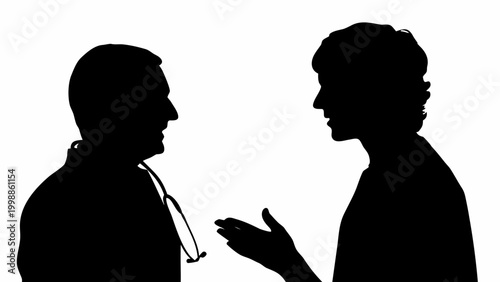 Black silhouette of doctor and patient discussing health on white background
