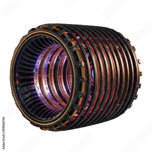 Futuristic mechanical cylinder with glowing purple and red lights