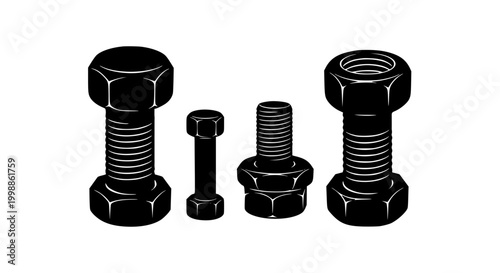 Industrial bolts and nuts hardware icons set black silhouette style