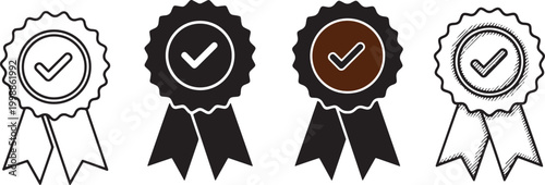 Seal of Approval: Four distinct seals of approval with check marks, representing a clear indication of quality, validation, and confirmation, ideal for illustrating concepts of trust, success.