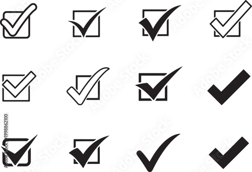 Check Mark Icons: An assortment of check mark symbols, elegantly displayed within various boxy frameworks, symbolizing options, choices, and approvals, ideal for design elements.