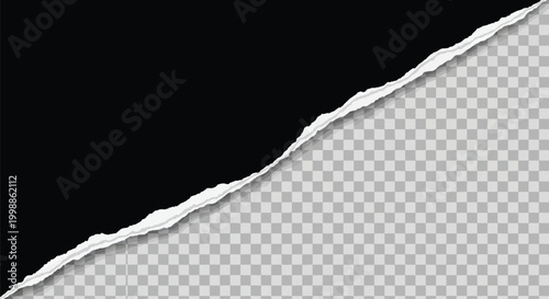 Realistic vector design of diagonal torn black paper with a ripped edge revealing a transparent area.