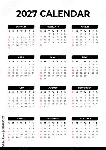 Simple 2027 Calendar Template in Black and White